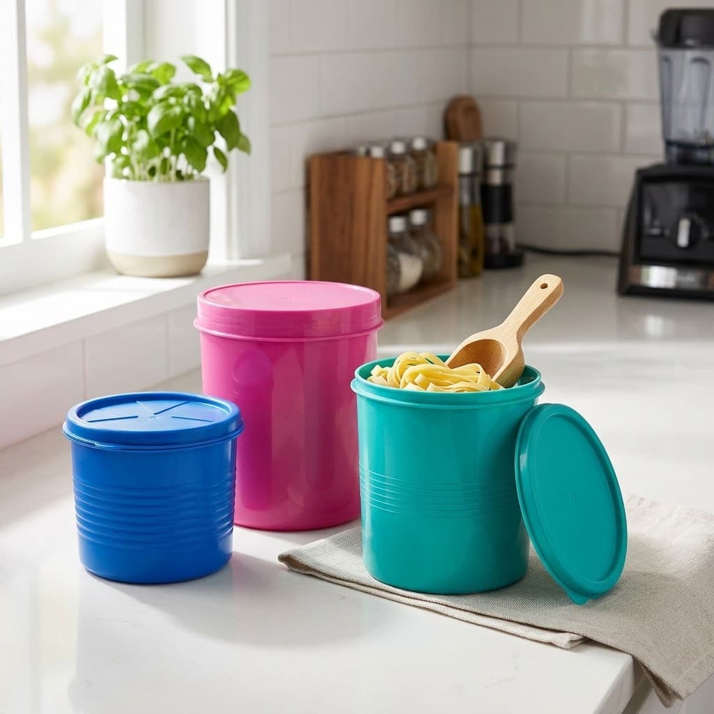 Toples dan wadah plastik warna-warni tertata di meja dapur